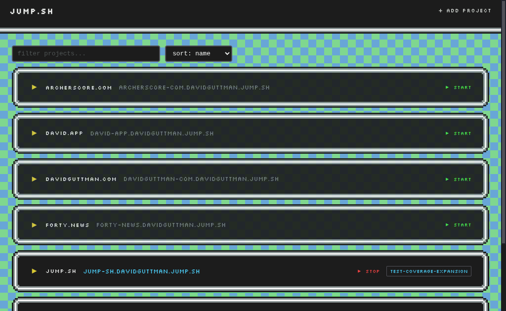 jump.sh dashboard showing project list with URLs and status