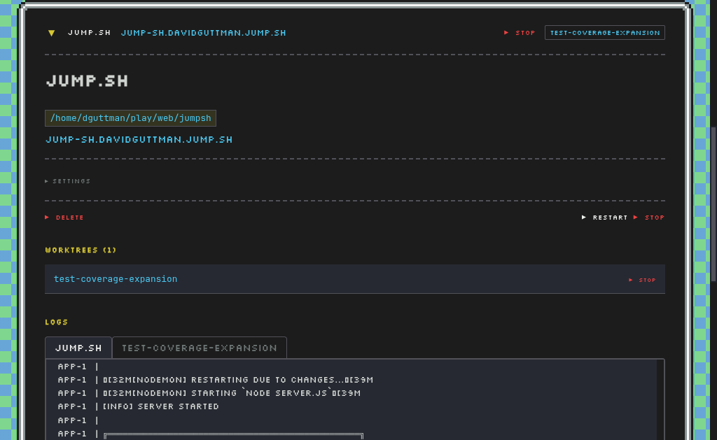 Expanded project view showing worktrees, logs, and settings